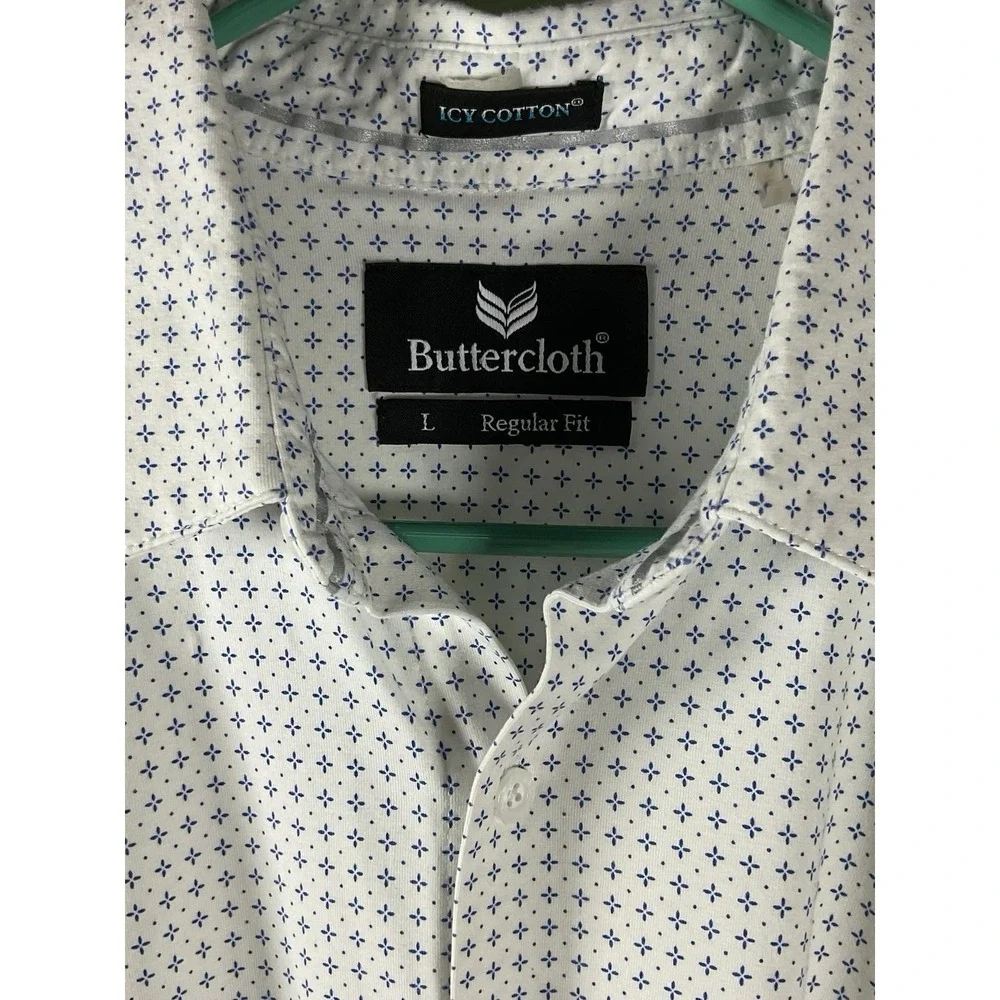 Buttercloth Men's T-Shirt Large White Blue Icy Cotton Regular Fit